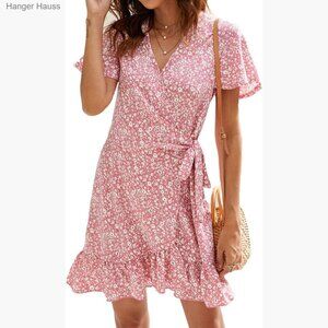 Women's Mini Wrap Dress V-Neck Short Sleeve Floral Print with Belt